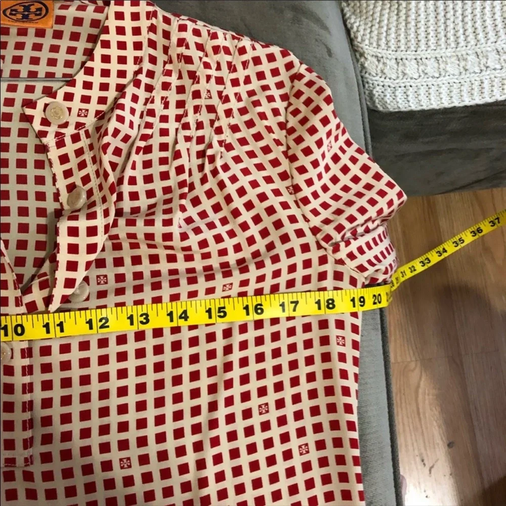 Tory Burch Cream Blouse with Red Grid Print